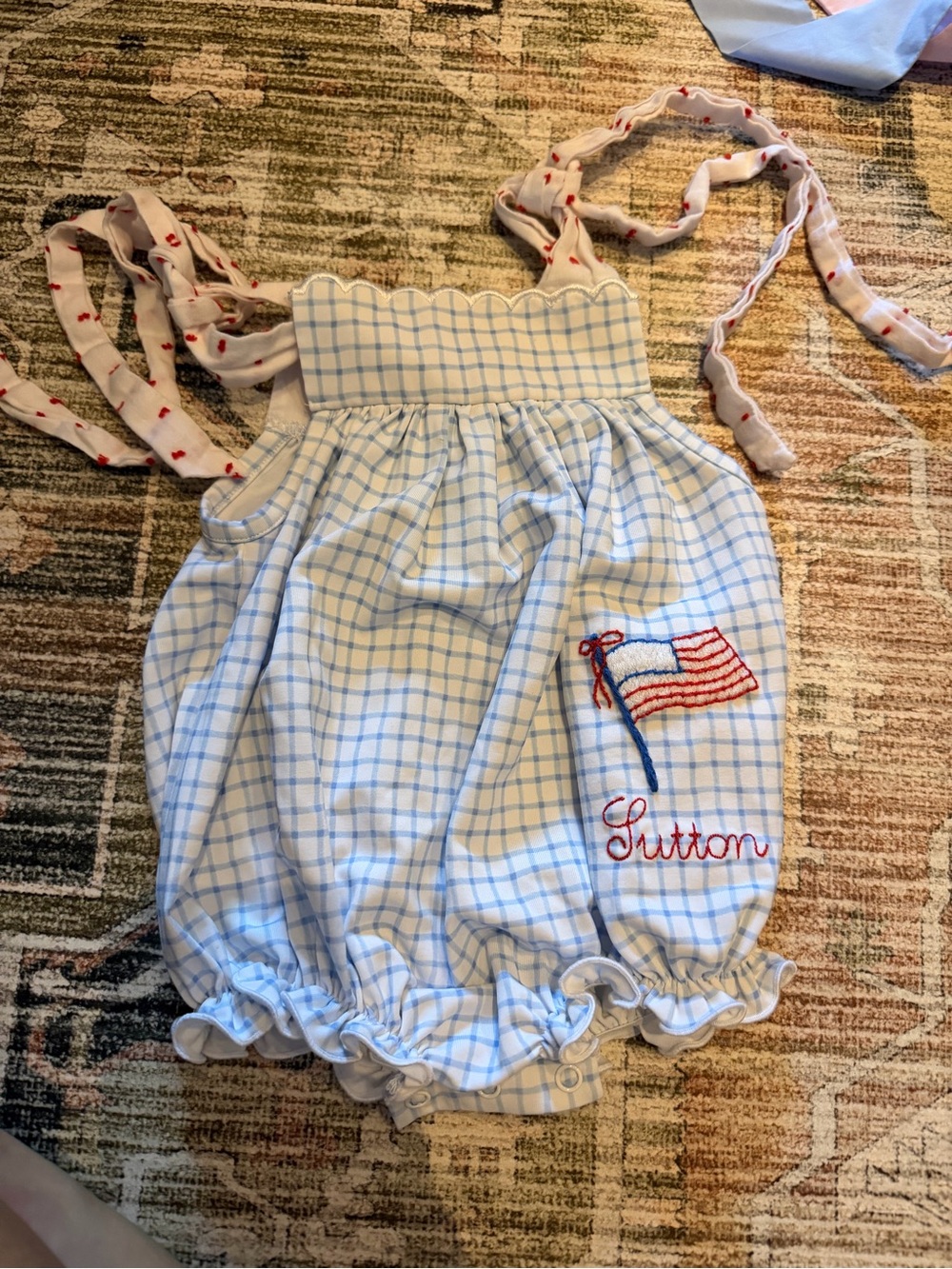 Blue & White Checked Baby Bubble Romper with Flag Embroidery